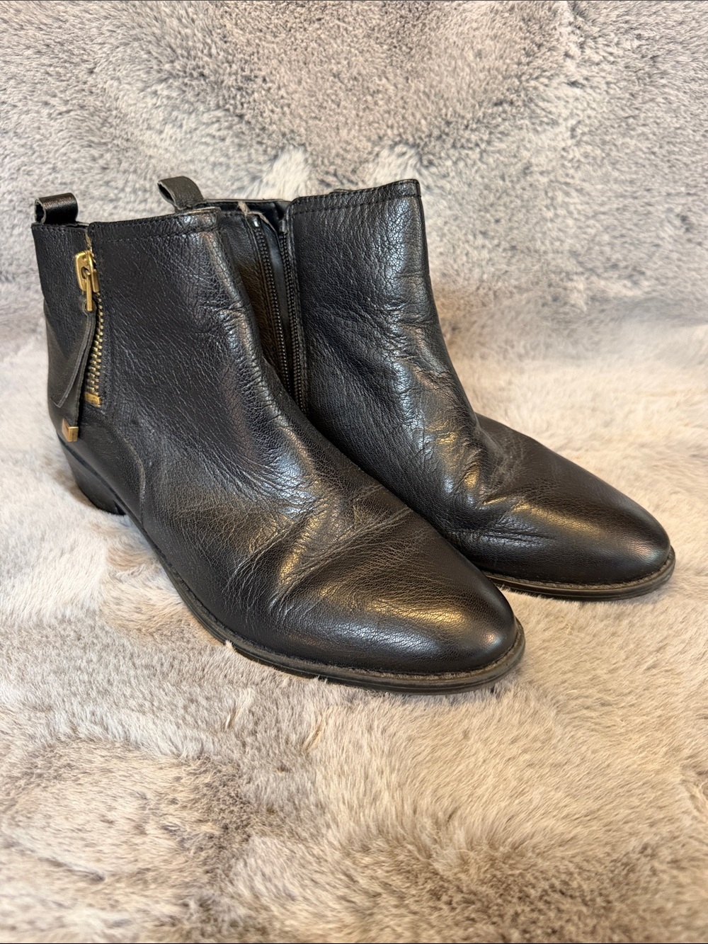 Franco Sarto Black Leather Chukka Boots with Gold Zip Accent